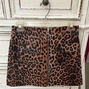 Leopard Print Zip-Front Mini Skirt in Brown and Black